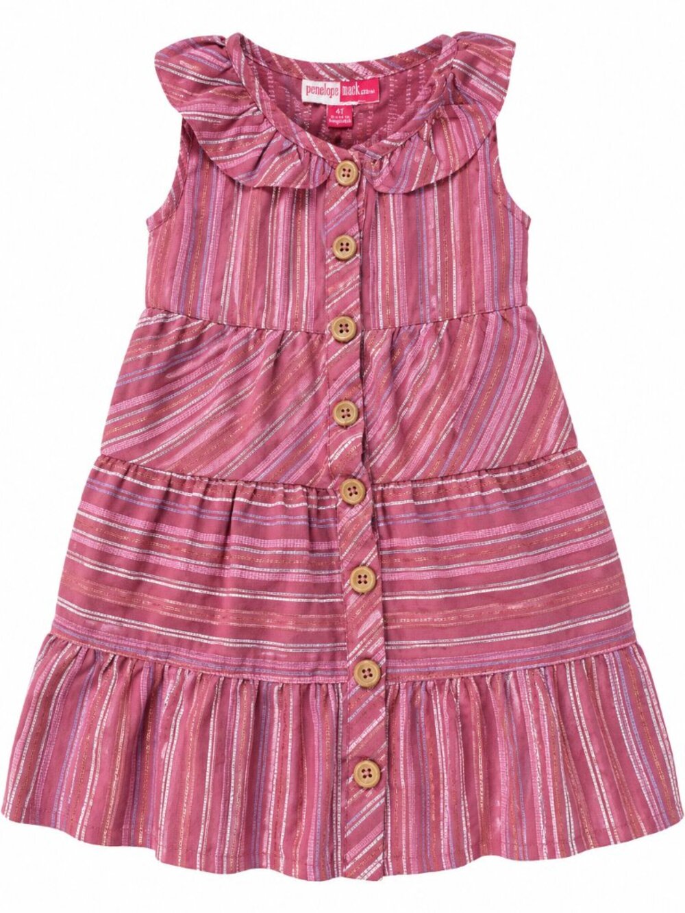 Penelope Mack Girls Pink Metallic Stripe Tiered Ruffle Dress Size 4T